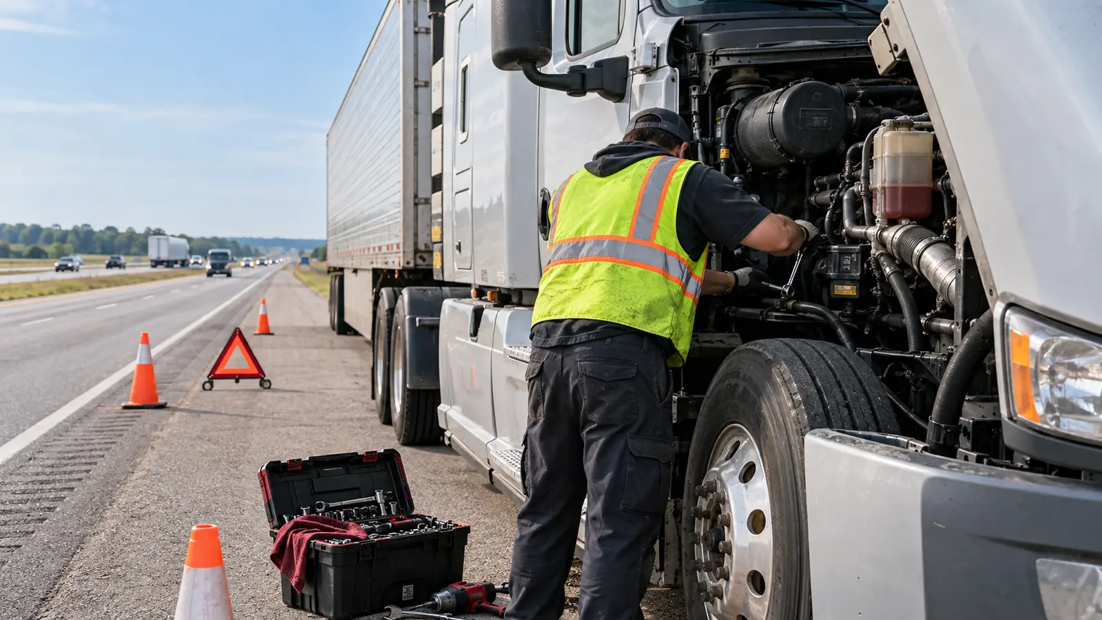Roadside mechanic repairing a semi-truck on an interstate highway