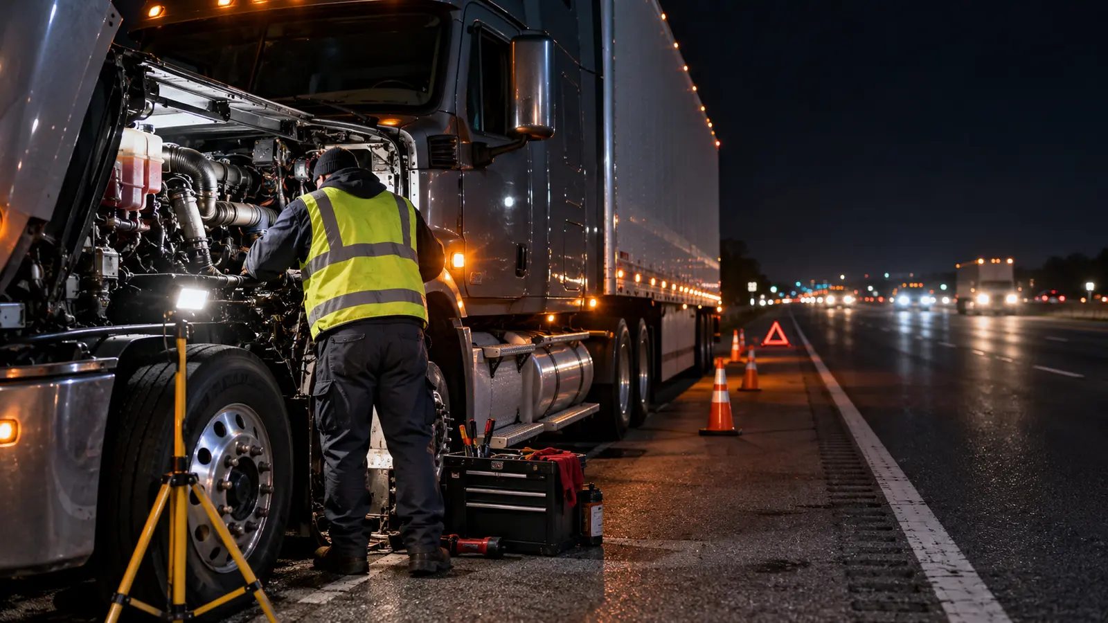 A1 Trucking roadside mechanic repairing a semi-truck at night